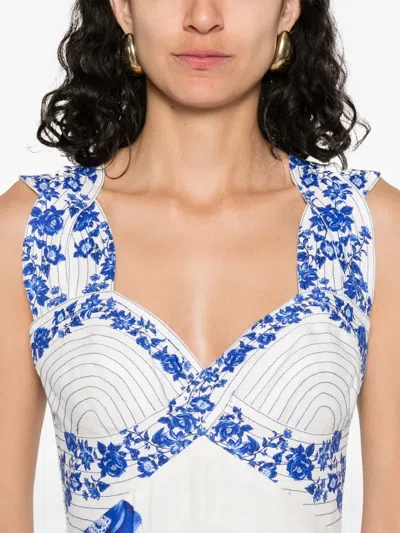 Farm Rio Off-white Floral Cascade Wavy Midi Dress In Blue Floral Cascade Off-white