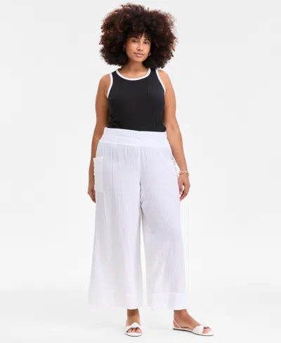 On 34th Plus Size Cotton Gauze Smocked-waist Wide-leg Pants, Exclusively At Macy's In White