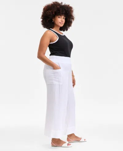 On 34th Plus Size Cotton Gauze Smocked-waist Wide-leg Pants, Exclusively At Macy's In White