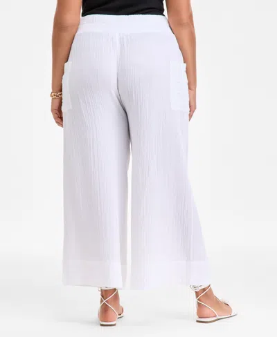 On 34th Plus Size Cotton Gauze Smocked-waist Wide-leg Pants, Exclusively At Macy's In White