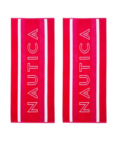 Nautica Logo Stripe Jacquard Beach Towel Set, 68" X 36" In Red