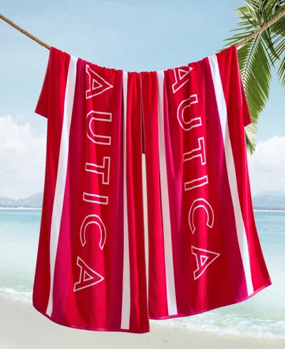 Nautica Logo Stripe Jacquard Beach Towel Set, 68" X 36" In Red