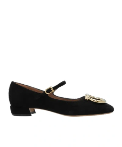 Ferragamo Suede Gancini Heeled Ballerina With Gold Hardware In Black