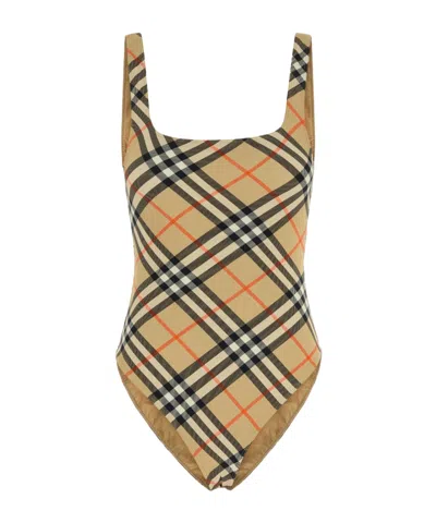 Burberry Women Nylon One-piece Swimsuit With Check Print In Neutral