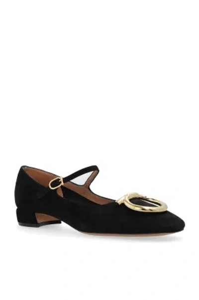 Ferragamo Suede Gancini Heeled Ballerina With Gold Hardware In Black