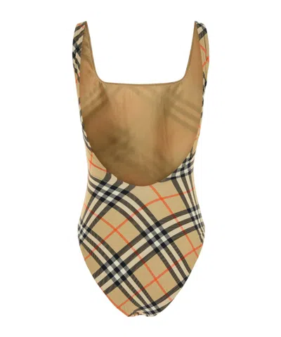 Burberry Women Nylon One-piece Swimsuit With Check Print In Neutral