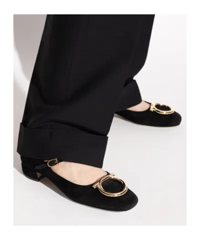 Ferragamo Suede Gancini Heeled Ballerina With Gold Hardware In Black