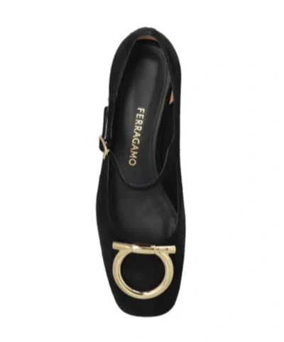 Ferragamo Suede Gancini Heeled Ballerina With Gold Hardware In Black