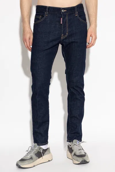 Dsquared2 Five-pocket Button-up Jeans With Logo Patch In Blue