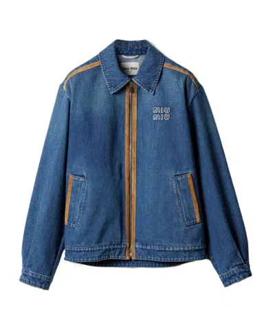 Miu Miu Denim And Leather Blouson Jacket In Blue
