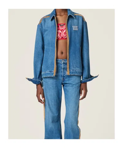 Miu Miu Denim And Leather Blouson Jacket In Blue