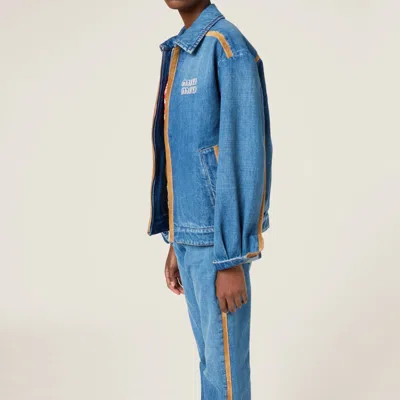 Miu Miu Denim And Leather Blouson Jacket In Blue