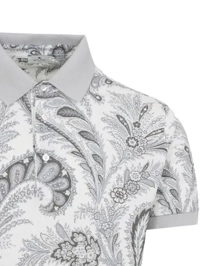 Etro Paisley Print Cotton Polo Shirt In White