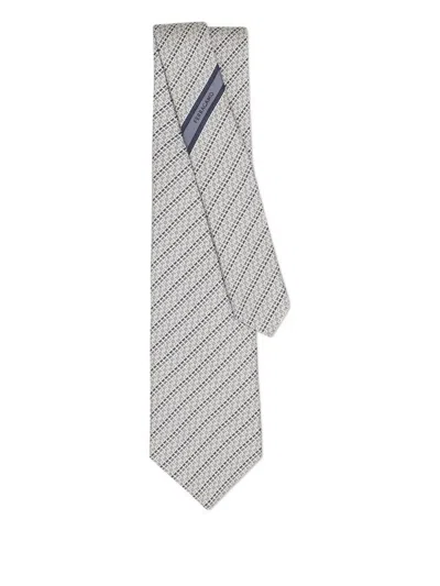 Ferragamo Printed Silk Tie With Interlocking Gancini And Regimental Stripes