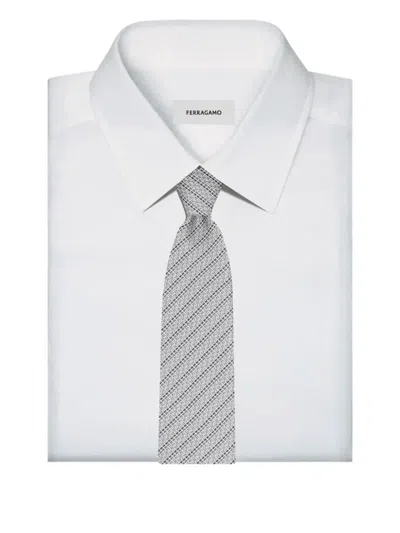 Ferragamo Printed Silk Tie With Interlocking Gancini And Regimental Stripes