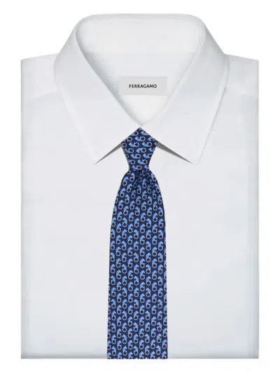 Ferragamo All-over Feline Print Silk Tie In Blue