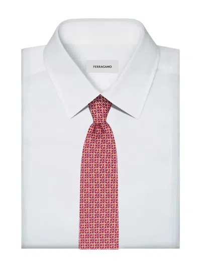 Ferragamo Geometric Grid Gancini Silk Tie In Red