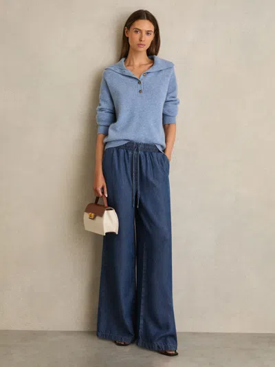Reiss Carter - Mid Blue Denim Look Wide Leg Trousers, Us 2 R