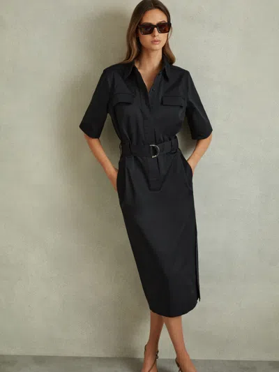 Reiss Black Aimie Cotton Blend Utility Belted Midi Dress