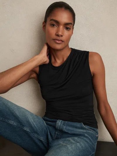 Reiss Womens Black Dani Ruched-shoulder Sleeveless Stretch-jersey Vest