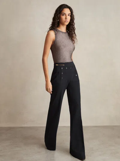 Reiss Navy Petite Button-detail Wide-leg Trousers