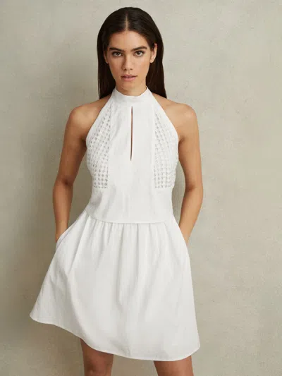 Reiss Eden Linen-blend Broderie Sleeveless Mini Dress In White