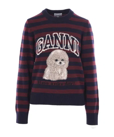 Ganni Graphic Wool Mix Poodle Stripe Crewneck Knitwear Multicolor In Multi