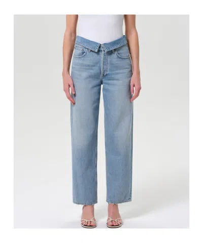 Agolde High Waist Frayed Hem Jeans In Blue