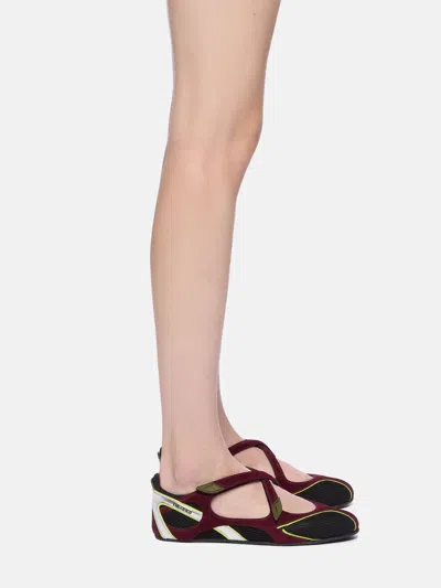 Attico Nomad Bordeaux Ballet Shoes With Criss-crossed Straps And Mesh Panels In Tech Fabric And Suede Woman In Burgundy