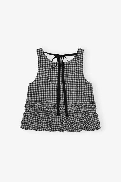 Ganni Crinkled Taffeta Check Open Back Frill Top