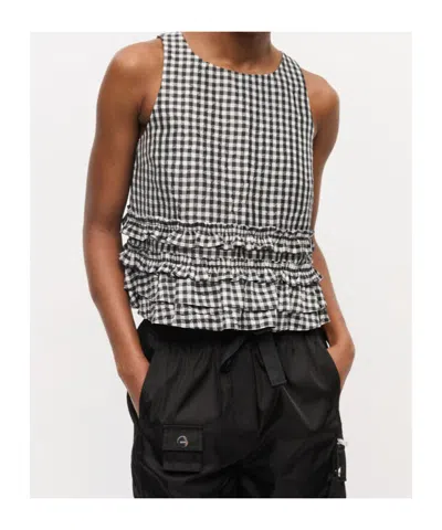 Ganni Crinkled Taffeta Check Open Back Frill Top