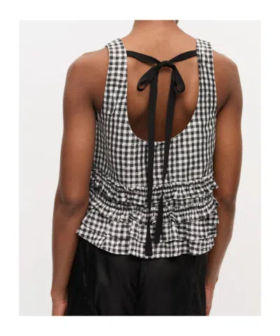 Ganni Crinkled Taffeta Check Open Back Frill Top