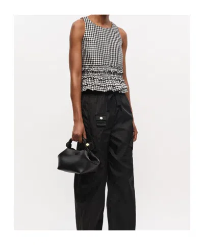 Ganni Crinkled Taffeta Check Open Back Frill Top