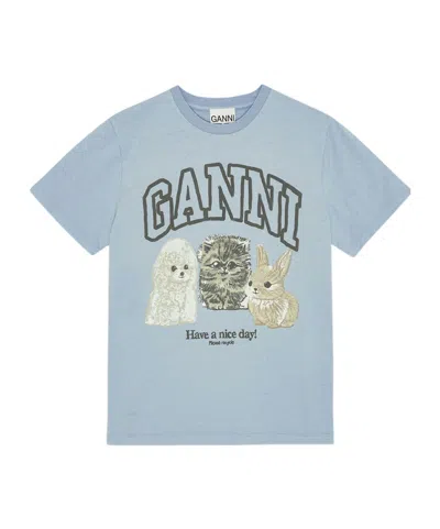 Ganni Basic Cotton Jersey Animals Relaxed T-shirt In Blue