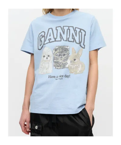 Ganni Basic Cotton Jersey Animals Relaxed T-shirt In Blue