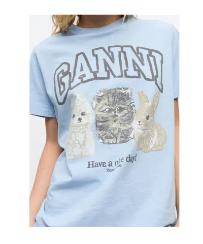 Ganni Basic Cotton Jersey Animals Relaxed T-shirt In Blue