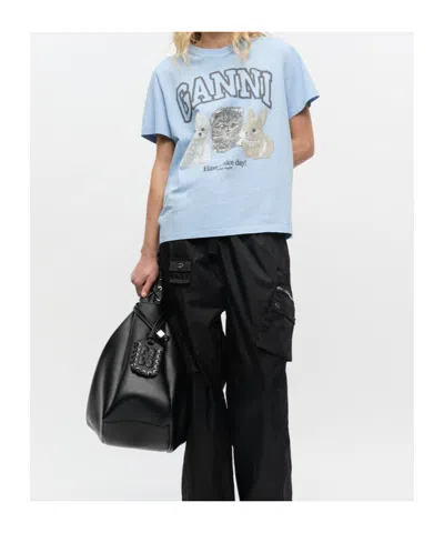 Ganni Basic Cotton Jersey Animals Relaxed T-shirt In Blue