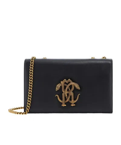 Roberto Cavalli Black Leather Shoulder Bag With Gold Emblem In Purple