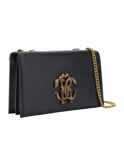 Roberto Cavalli Black Leather Shoulder Bag With Gold Emblem In Purple