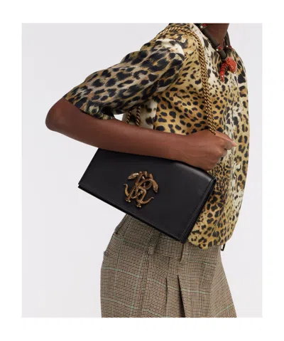 Roberto Cavalli Black Leather Shoulder Bag With Gold Emblem In Purple