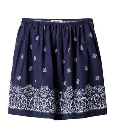 Miu Miu Floral Bordered Gathered Skirt In Blue