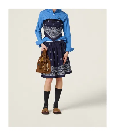 Miu Miu Floral Bordered Gathered Skirt In Blue