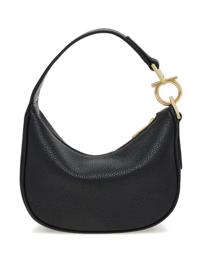 Ferragamo Black Handbag With Top Handle With Gancini And Embossed Logo Lettering On The Front In Grained Leath