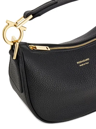 Ferragamo Black Handbag With Top Handle With Gancini And Embossed Logo Lettering On The Front In Grained Leath