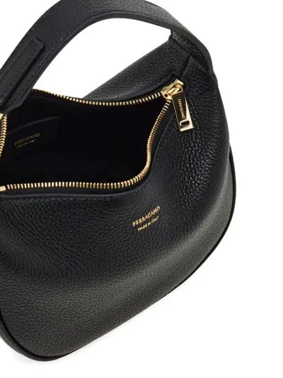 Ferragamo Black Handbag With Top Handle With Gancini And Embossed Logo Lettering On The Front In Grained Leath