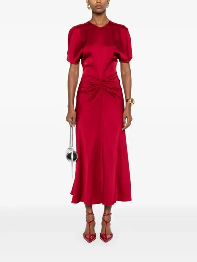 Victoria Beckham Fuchsia Pink Midi Dress With Gathered Waist In Red