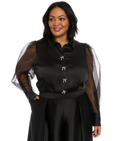Muse Plus Size Bow-trim Bishop-sleeve Blouse In Black