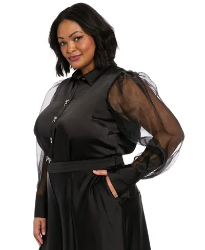 Muse Plus Size Bow-trim Bishop-sleeve Blouse In Black