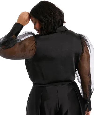 Muse Plus Size Bow-trim Bishop-sleeve Blouse In Black