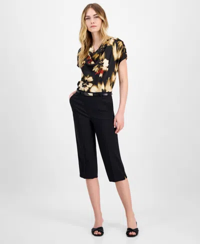 Anne Klein Women's Belted Pedal-pusher Urban-stretch Pull-on Capri Pants